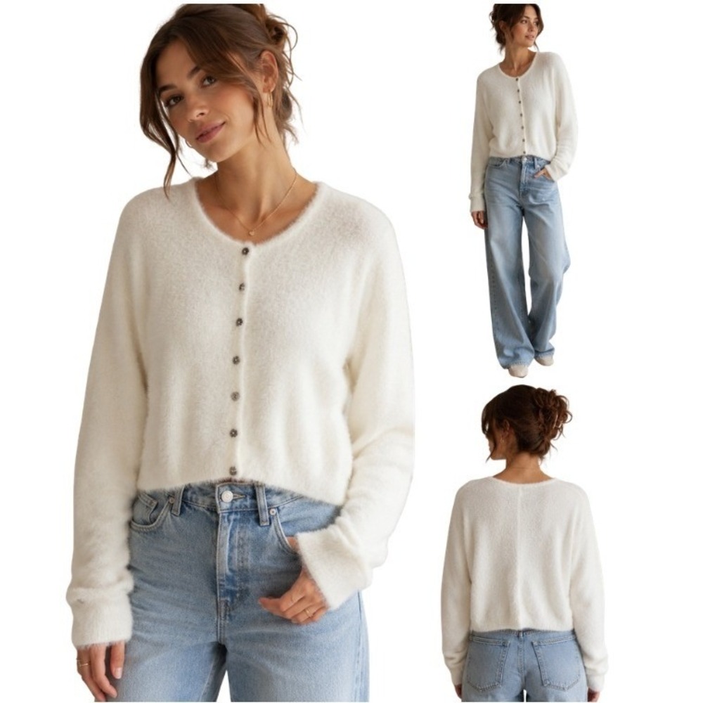 Free People FP One White Fuzzy Eyelash Knit Button Front Cardigan Sweater Medium